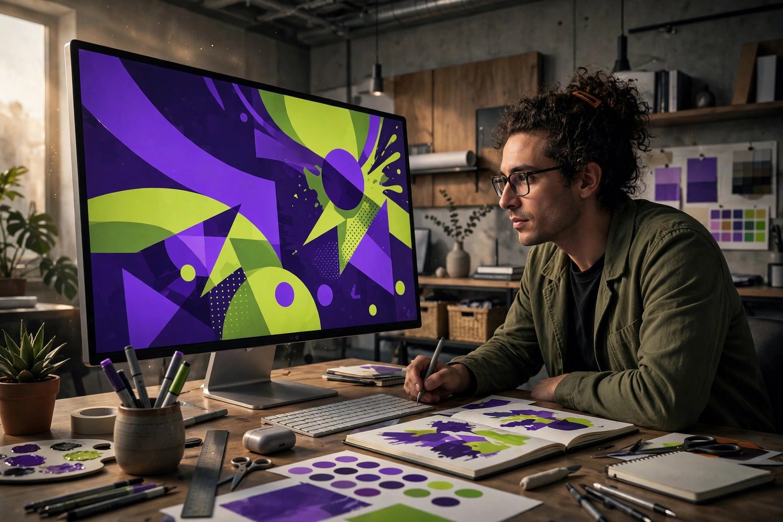 Creative designer reviewing colorful digital ad layouts on a large monitor