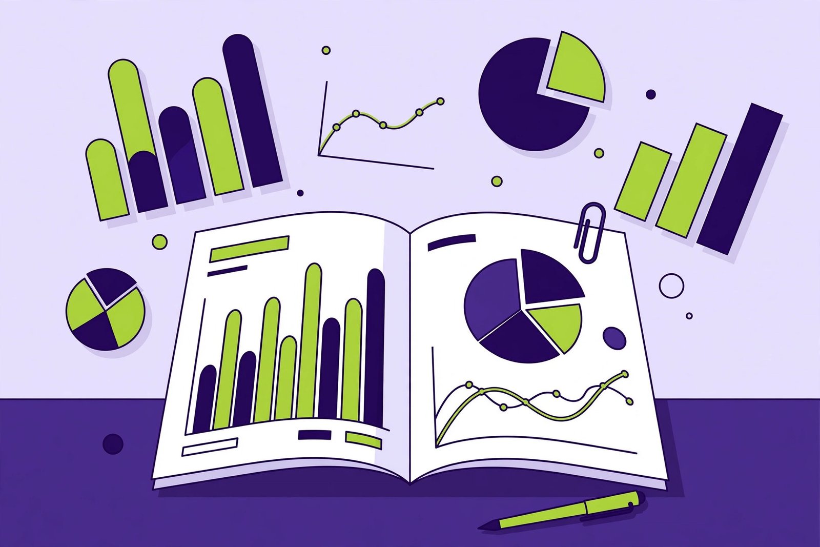 Annual report pages showing clean data charts and infographics on a desk
