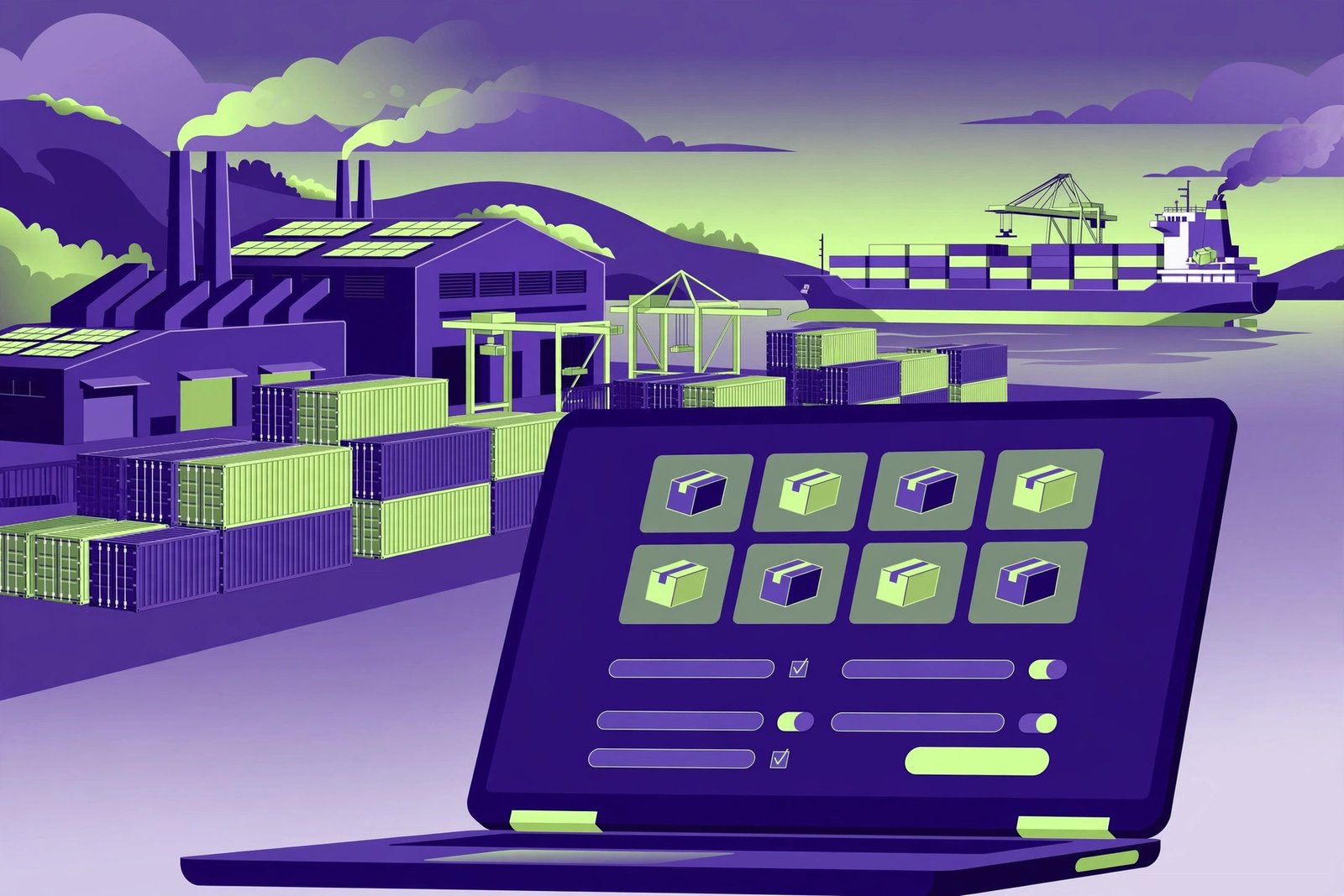 Factory with shipping containers and laptop showing a B2B product catalogue with inquiry form in purple and green
