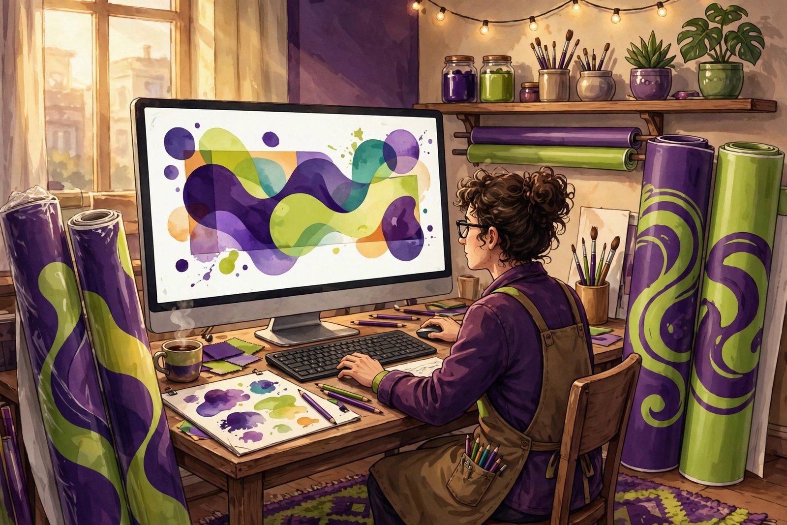 Designer creating a large promotional banner layout in a creative studio