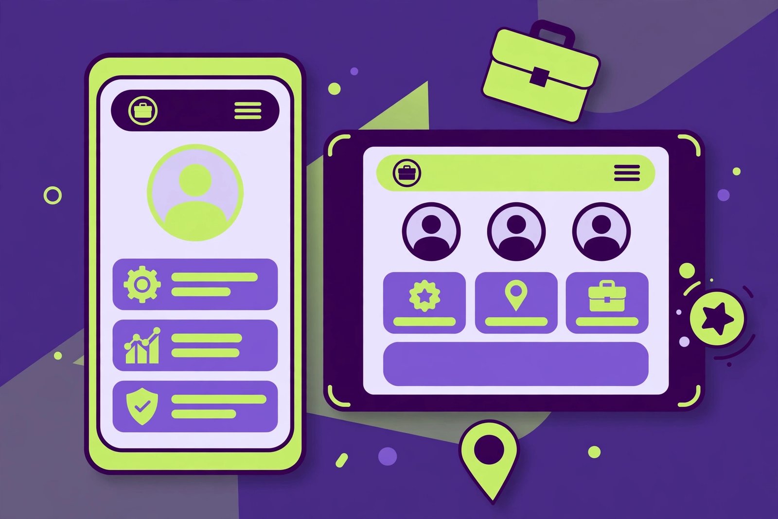 Smartphone and tablet showing a clean company website with service cards in purple and green