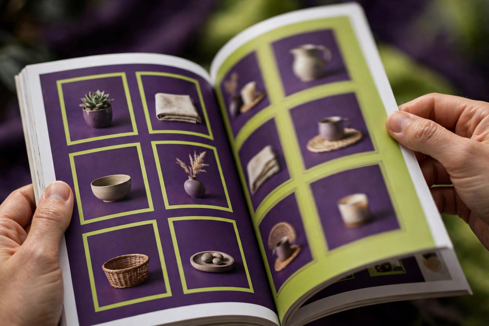 Open product catalogue with clean layout showing product photos, codes and prices