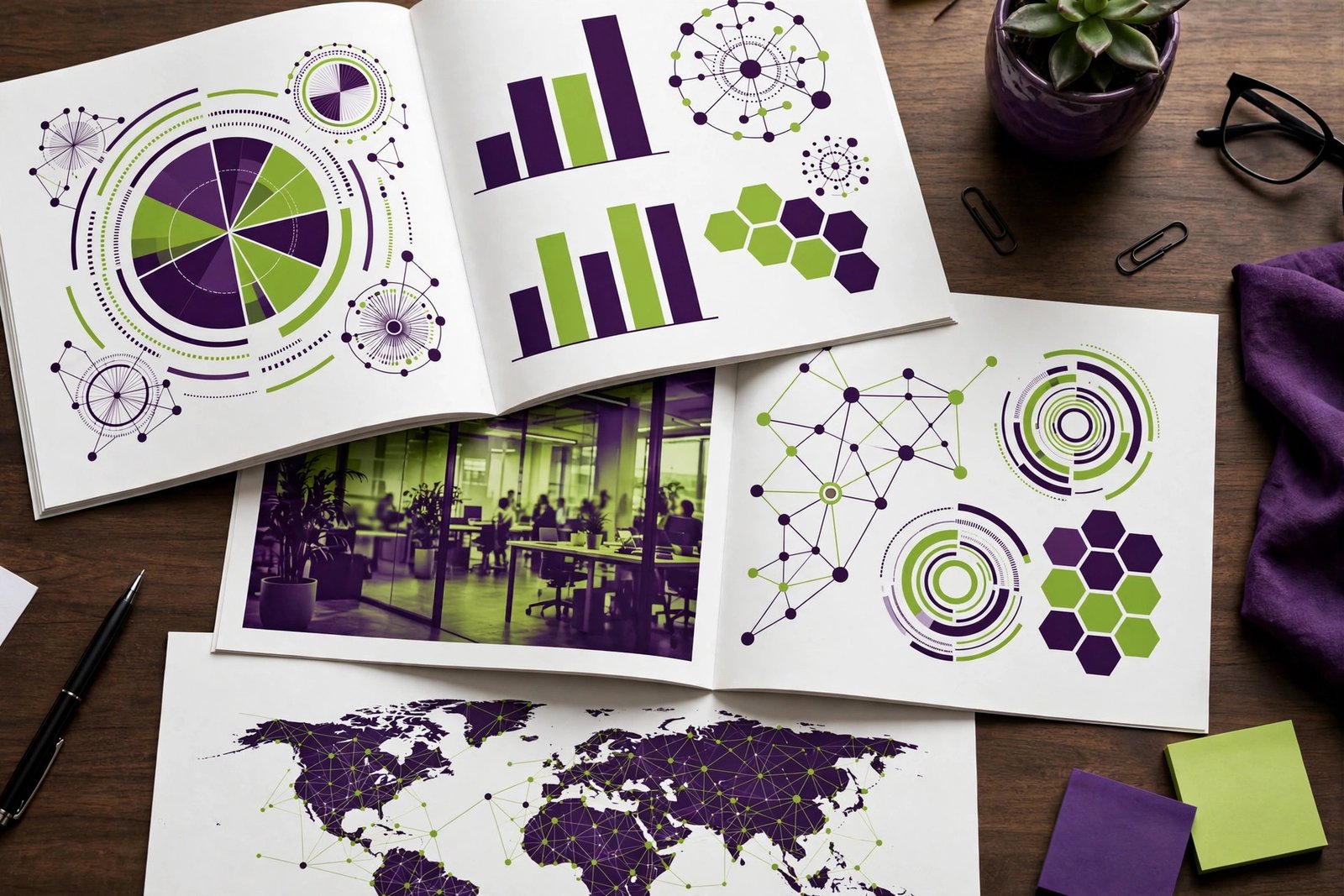 Professionally designed company profile booklet open on a desk showing business overview pages