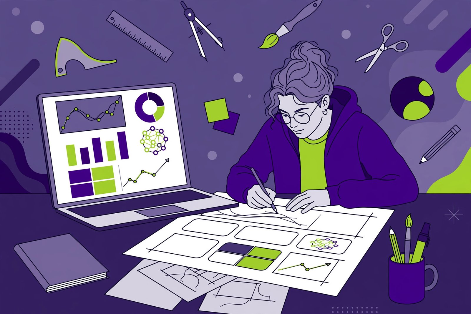 Designer sketching a custom website wireframe next to a laptop with a bespoke dashboard in purple and green
