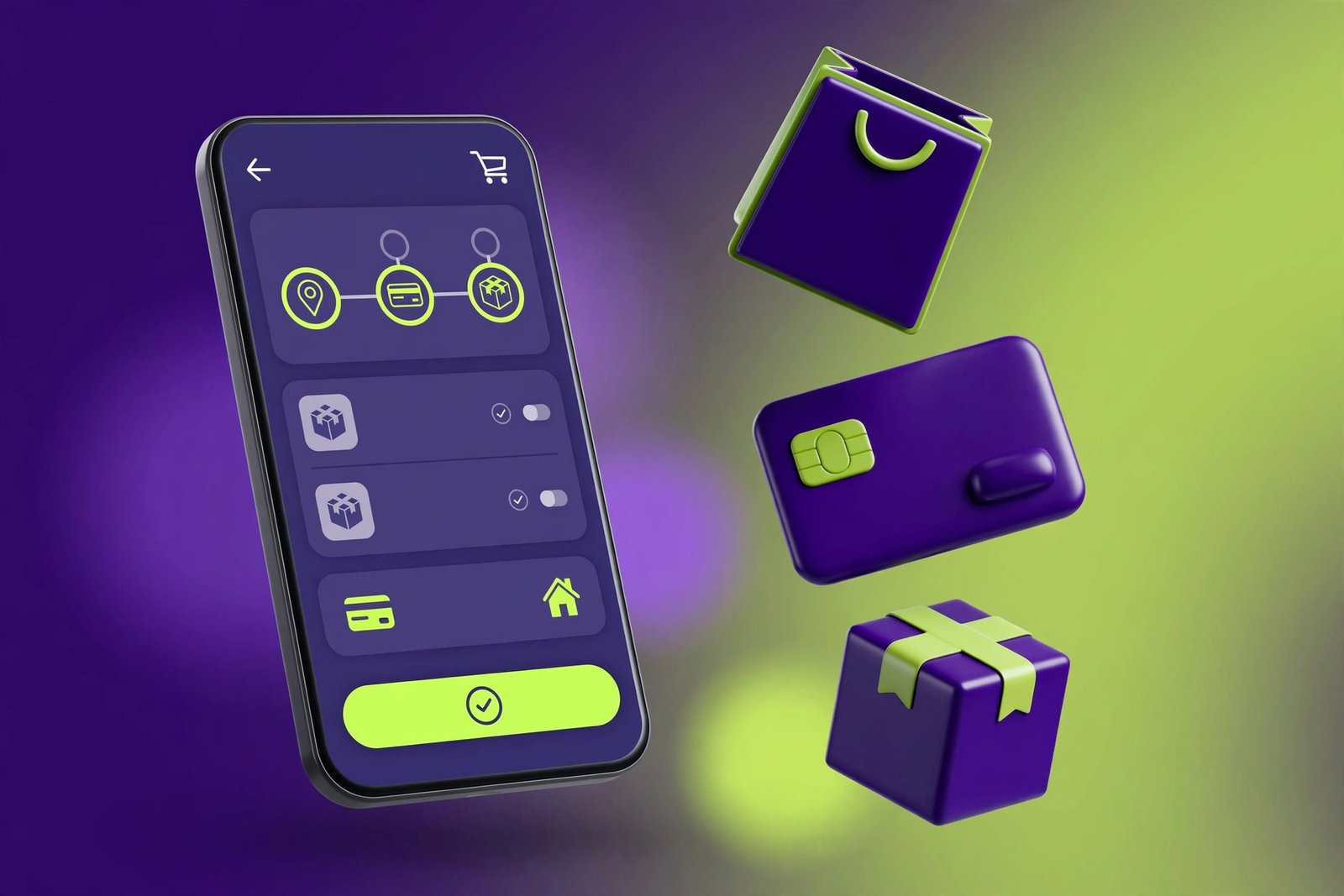 Smartphone showing a mobile online store checkout with shopping icons in purple and green