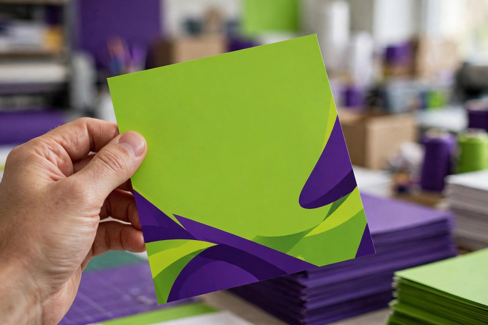 Designer holding a vibrant modern flyer mockup in a print shop in Sialkot