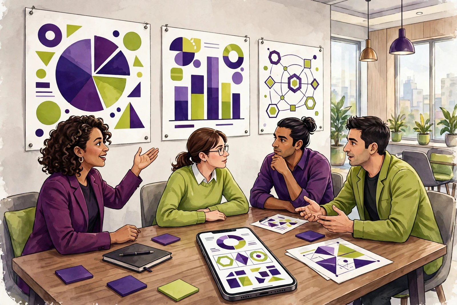 Marketing team presenting colorful infographic posters in a modern meeting room