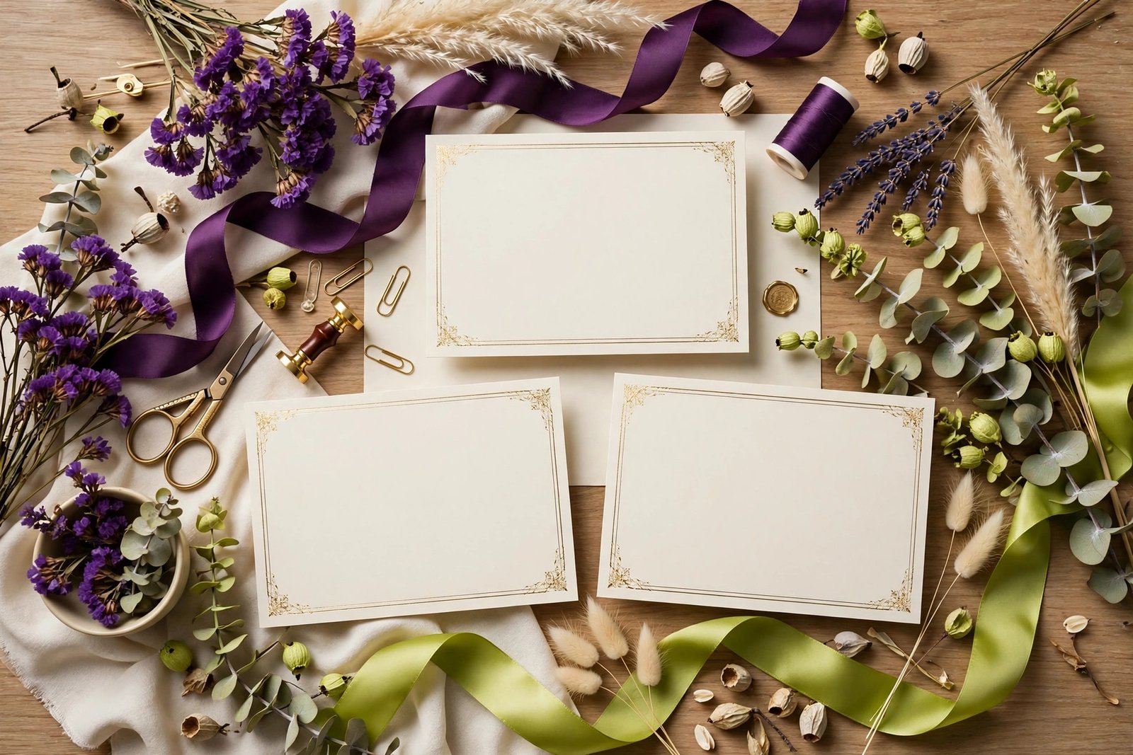 Elegant blank invitation cards with ribbons and flowers on a designer's desk