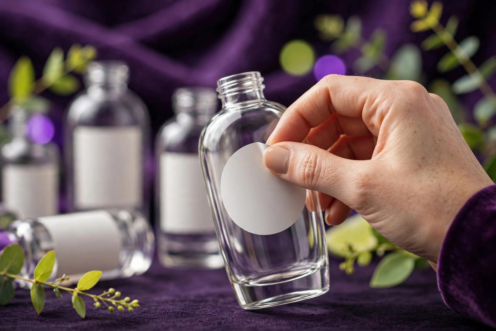 Designer applying an elegant product label to a cosmetic bottle in a studio