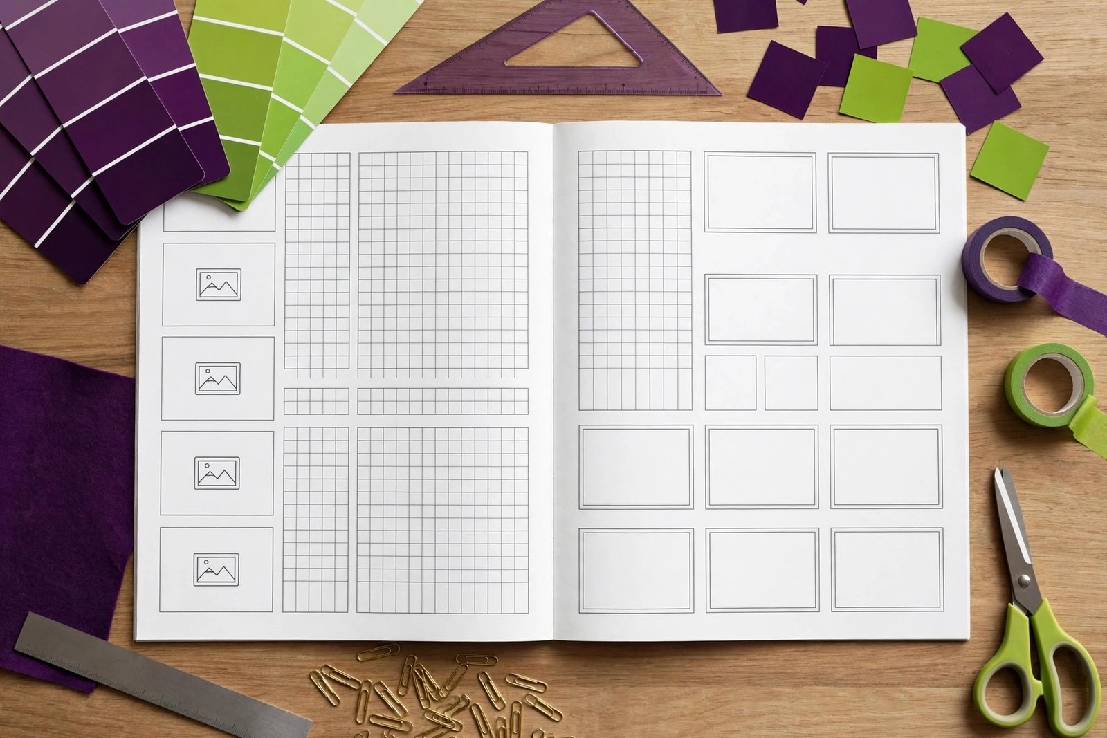 Magazine spread layout with design grids and color swatches on a designer's desk