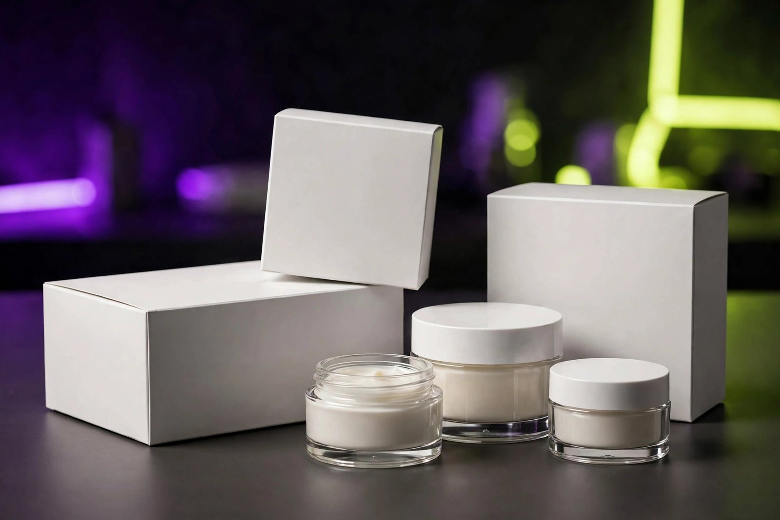 Blank product packaging boxes and cosmetic jars arranged in a professional studio