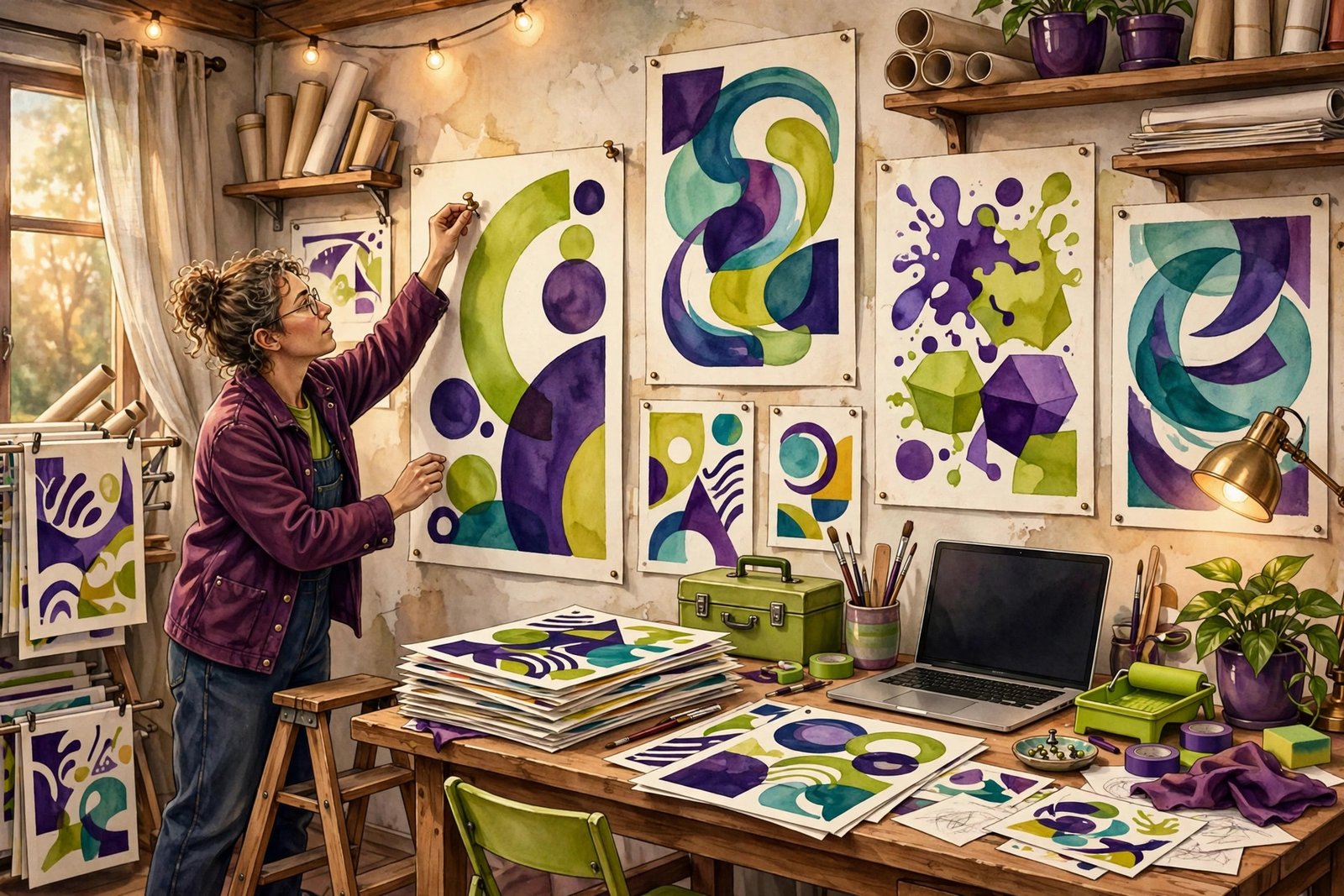Designer pinning large colorful posters on a gallery wall in a print studio