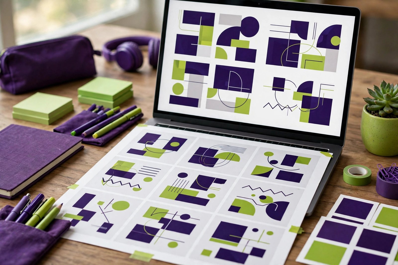 Designer workspace with laptop showing elegant presentation slide layouts