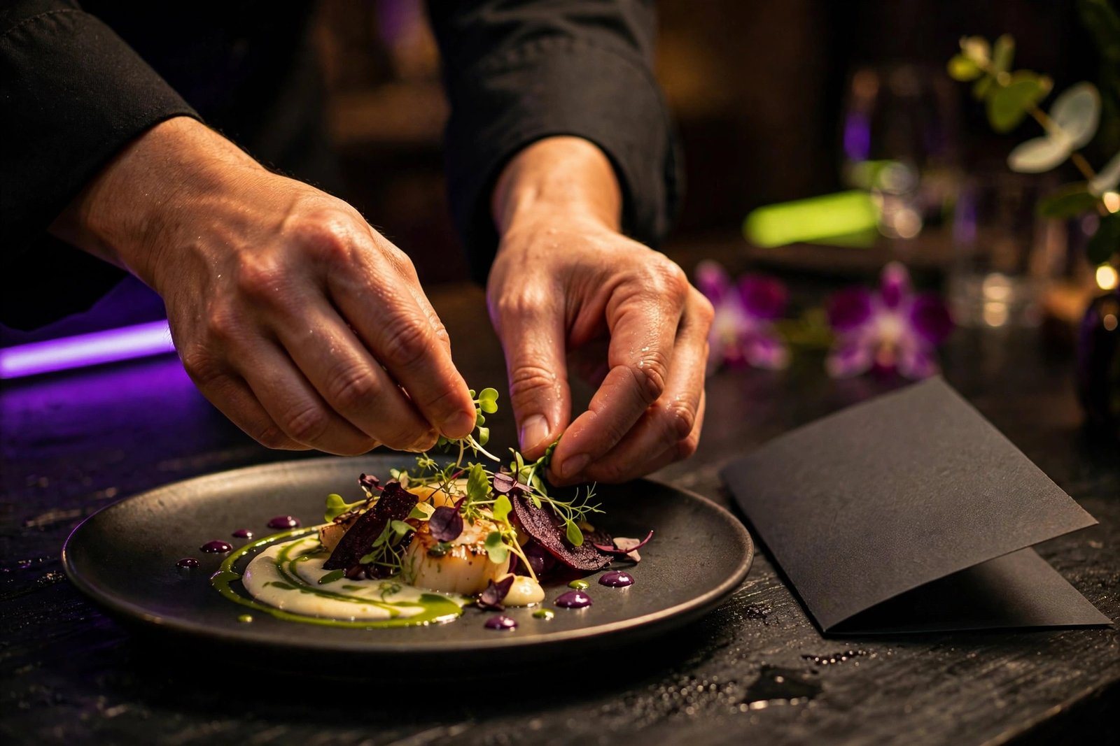 Elegant restaurant menu and beautifully plated dishes on a dark table