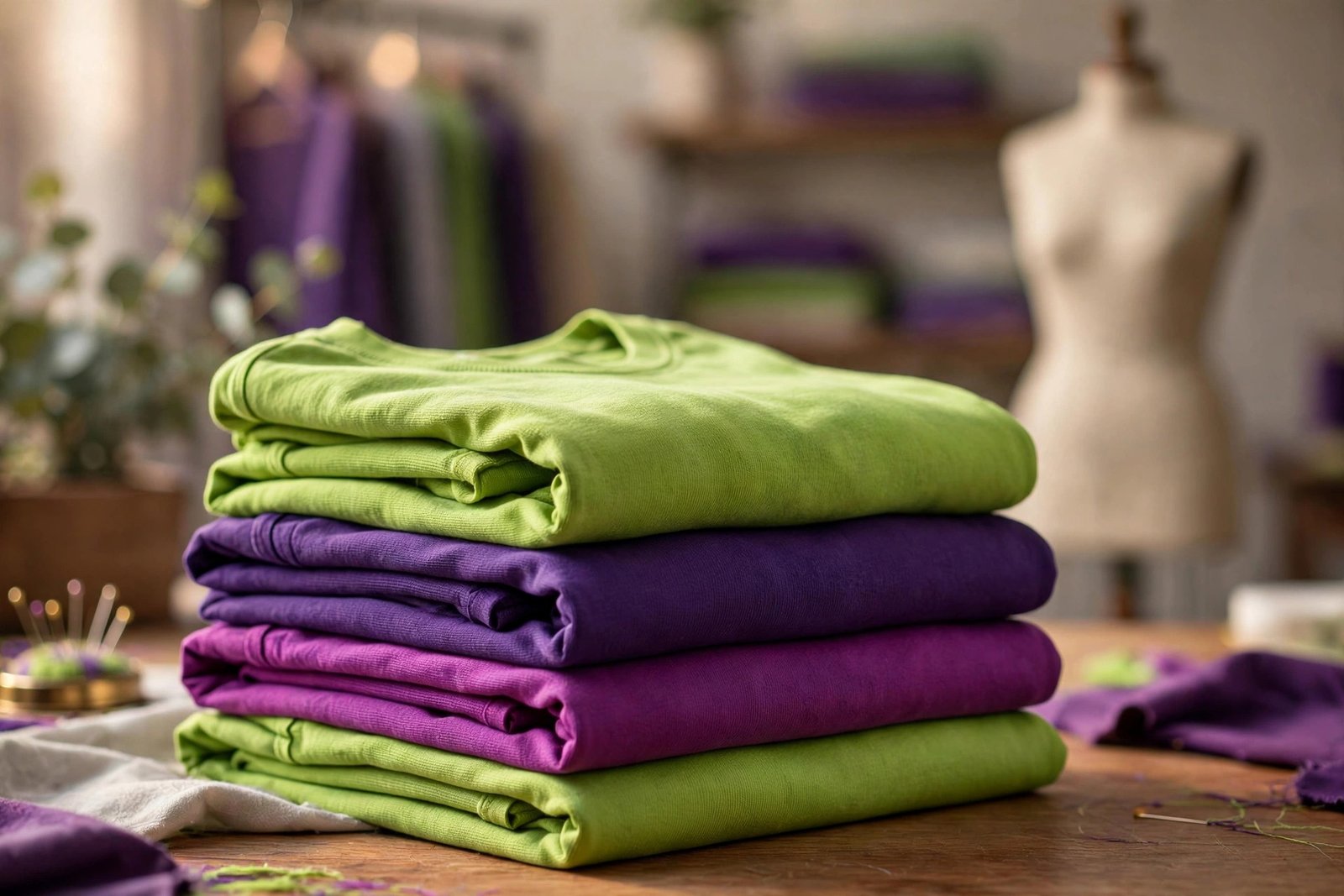 Folded vibrant custom designed t-shirts on a fashion studio table