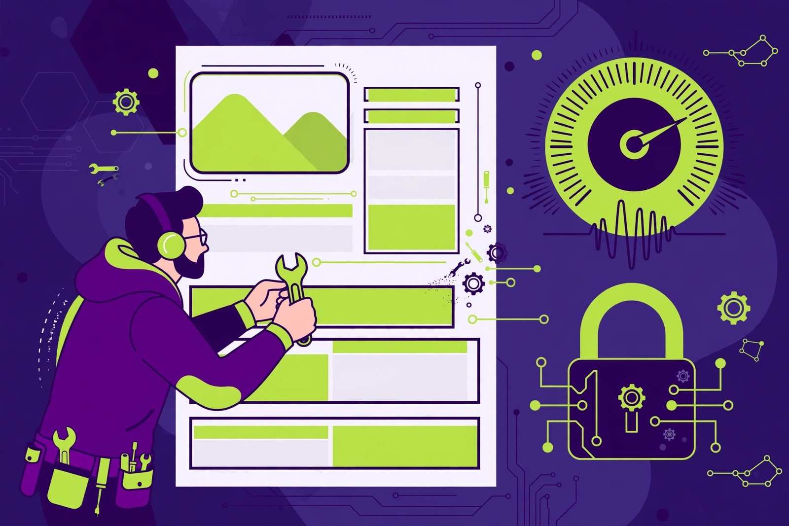 Technician tuning up a website page with speed gauge and security lock icons in purple and green