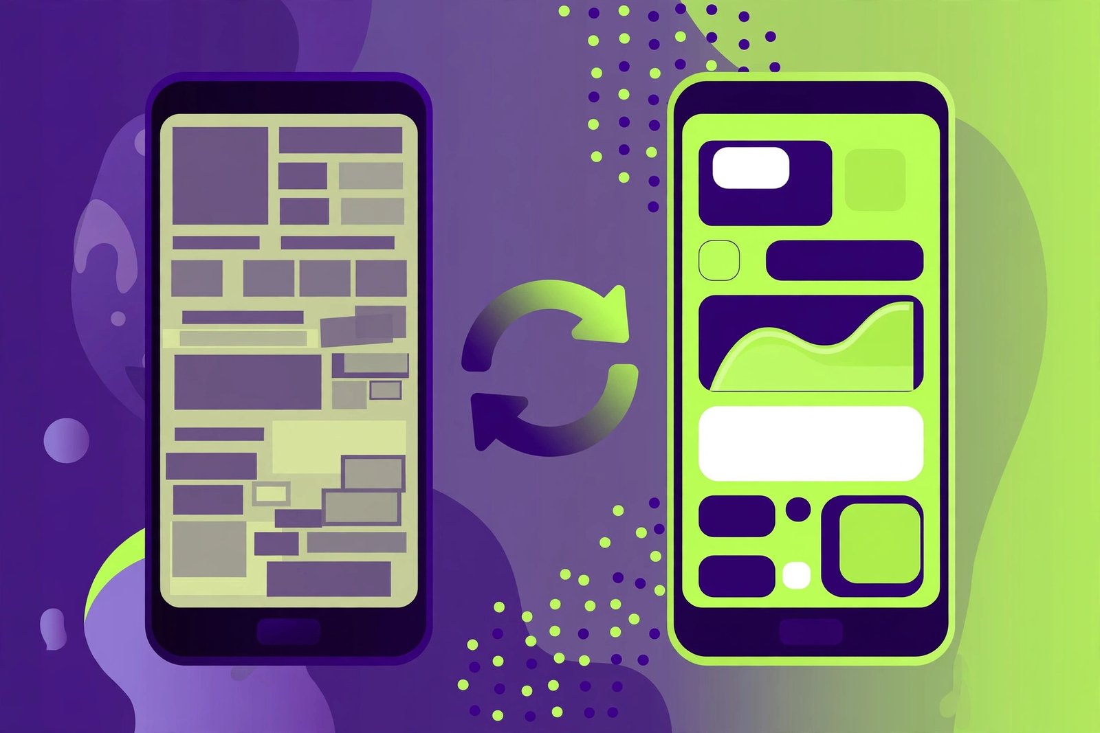 Smartphone showing an old webpage transforming into a modern version with a refresh symbol in purple and green