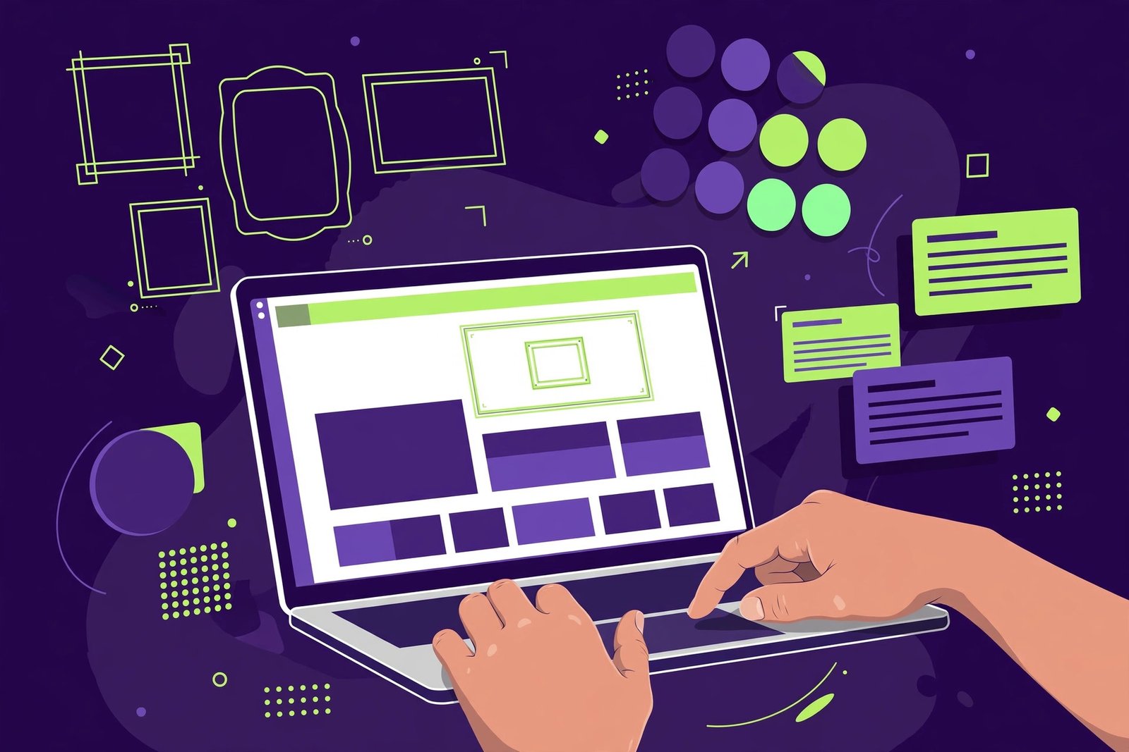 Hands editing a website page on a laptop with design tools around in purple and green
