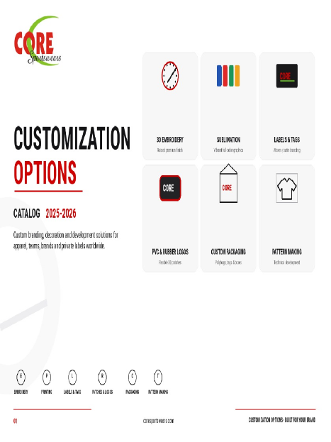 Core Sportswears customization options catalogue cover — 14 pages