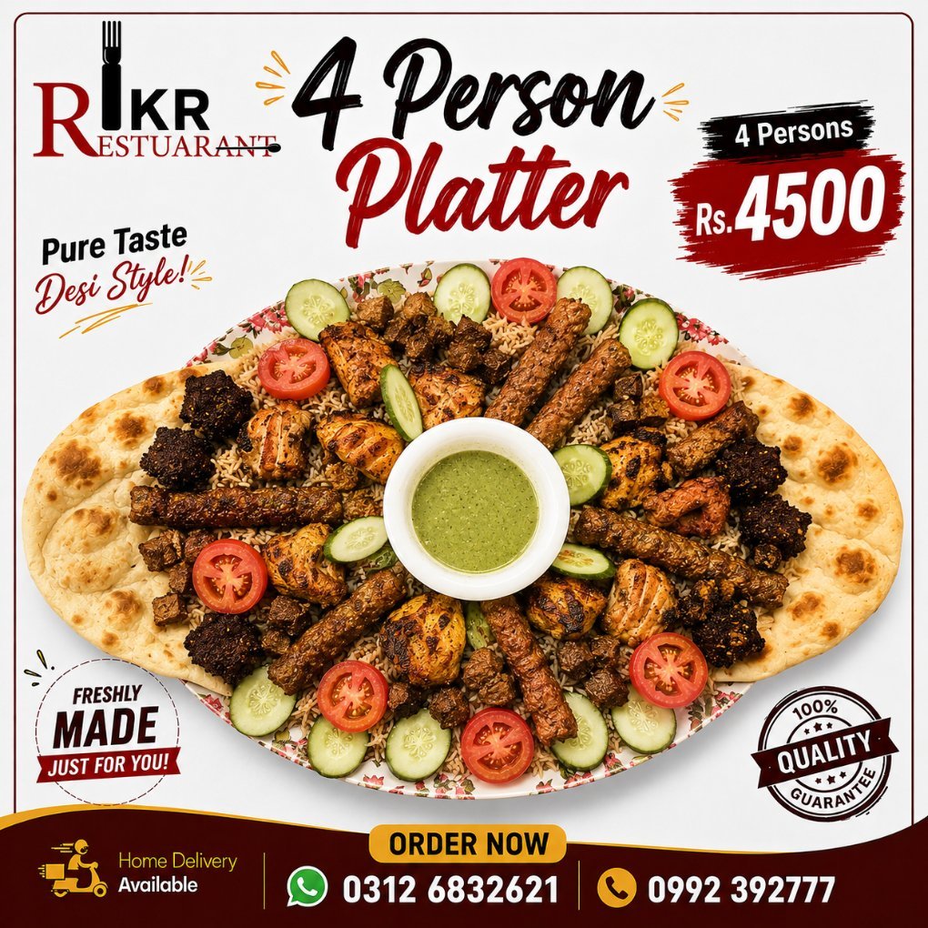 IKR Restaurant (Inam Khan Restaurant) 4-person platter social media post — designed by Advert Solutions
